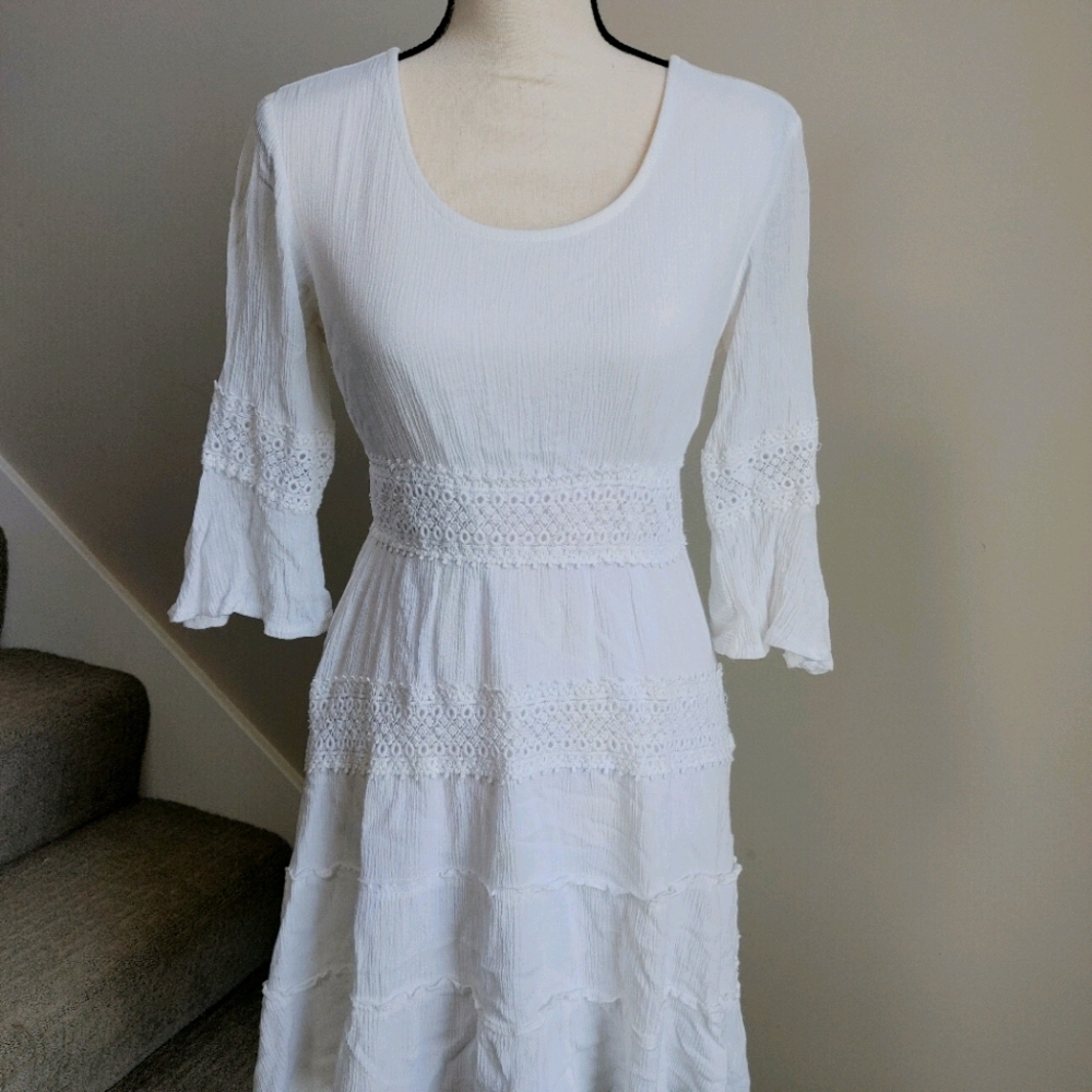 White Boho Lace and Ruffle Dress